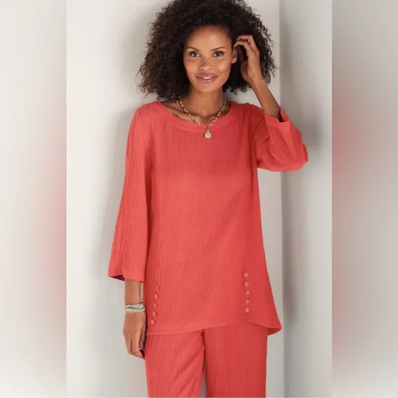 Soft Surroundings SET Oceo Gauze Deep Sea Coral Tunic Wide-Leg Pants NWT Size XL - Picture 2 of 7